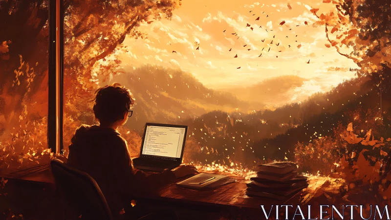 Coder at the ember window, scripting worlds in autumn light.