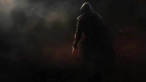 Hooded rogue stands in swirling shadow, poised for silent strike