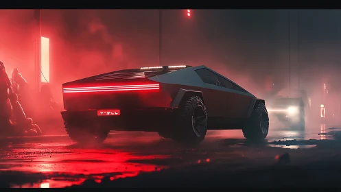 Futuristic pickup truck on wet neon street at night scene.