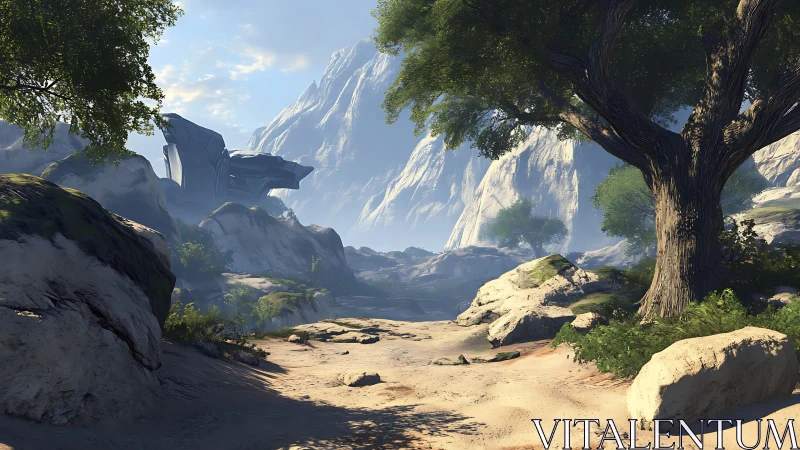 Sunlit alien canyon with monumental rocky outcrop and trees.