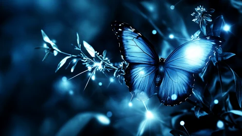 Glowing blue butterfly resting in a dreamy moonlit garden.