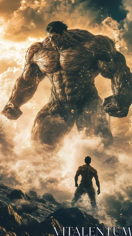 Digital painting of titan-scale hero confrontation in surfstorm.