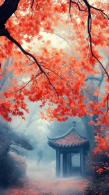 Crimson maple veil above a mist-dreamed garden pavilion.