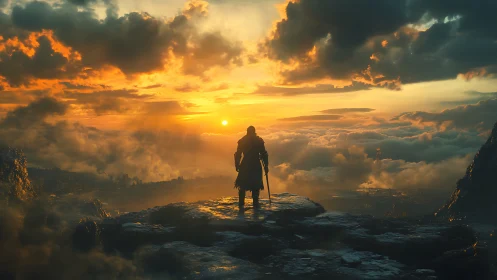 Cinematic fantasy wanderer on sunlit cliff horizonline panorama.