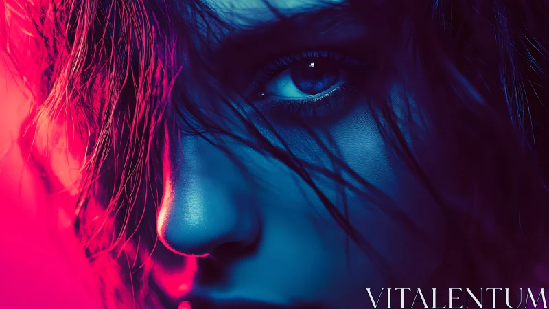 Close cropped human face under dual neon color lighting.