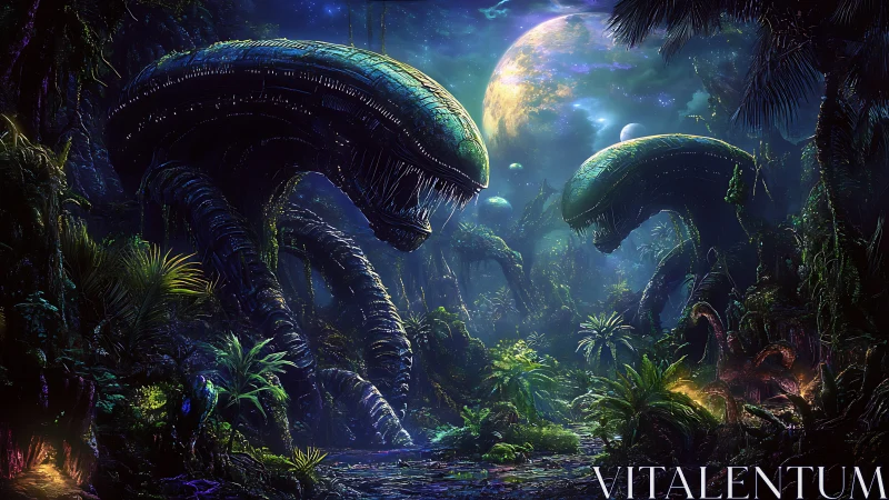 Bio‑mechanical colossi in luminescent exoplanet junglescape.