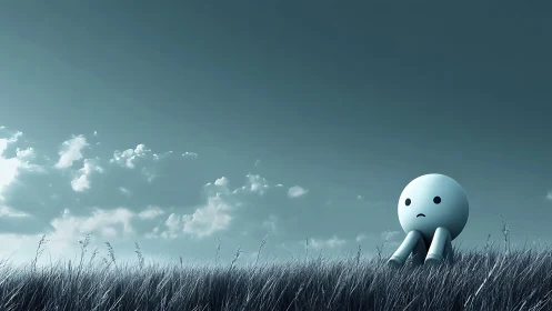 Melancholic figure contemplates under a wide, muted sky.