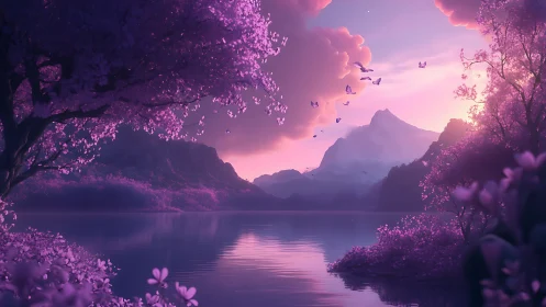 Dreamlike violet lake valley catches soft sunrise light