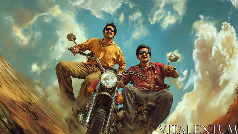 Two men ride motorcycles on dusty terrain under clouded sky