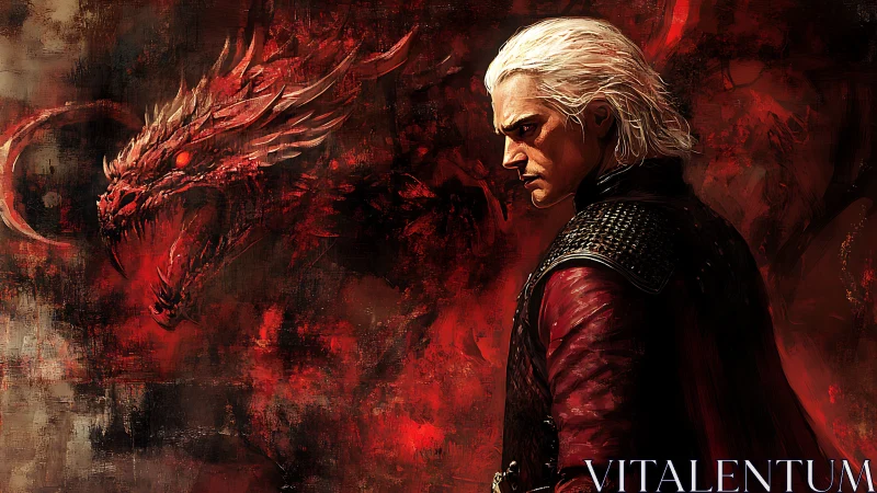 Dragon-lit warrior stands in fiery red inferno of rage.