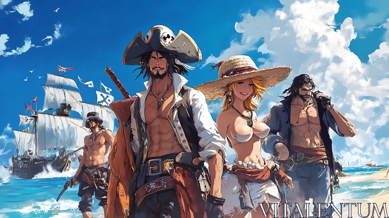 Pirate crew walking on tropical shoreline near sailing ships.