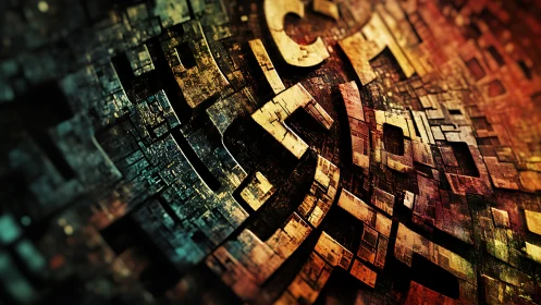 Cyberpunk typographic labyrinth in curved modular relief.