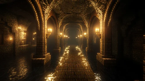 Illuminated Gothic Corridor with Arched Vaults