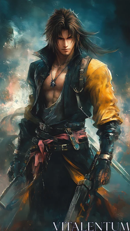 Brooding fantasy swordsman stands amid swirling battle mist.