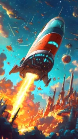 Retro rocket launch over dense futuristic cityscape.