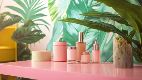 Pink skincare bottles glow against lush tropical leaves.