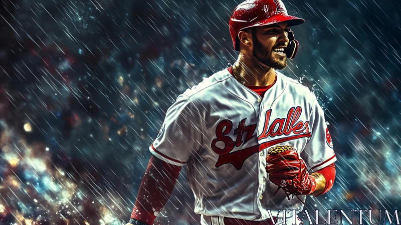 Baseball player strides through rain under dramatic stadium lights