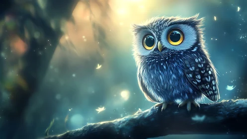 Adorable Big-Eyed Owl on Branch in Dreamy Fantasy Art Style.