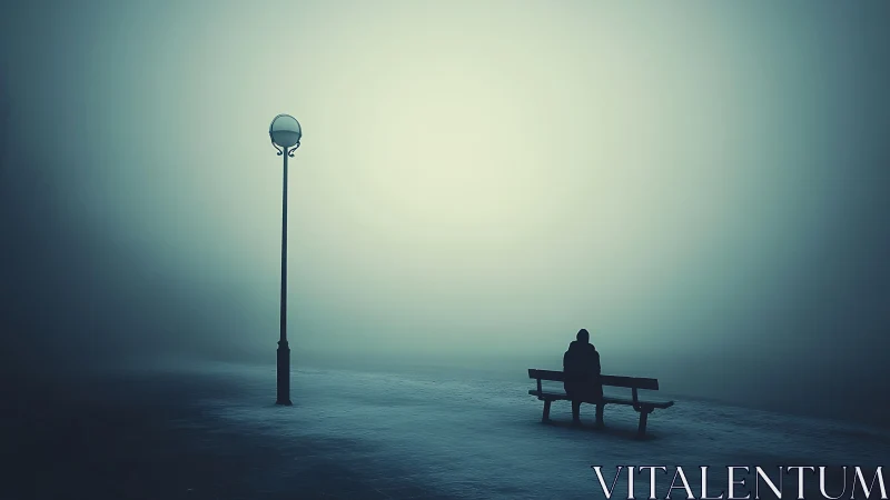 Solitary bench figure under diffusion-dimmed fog lamp glow.