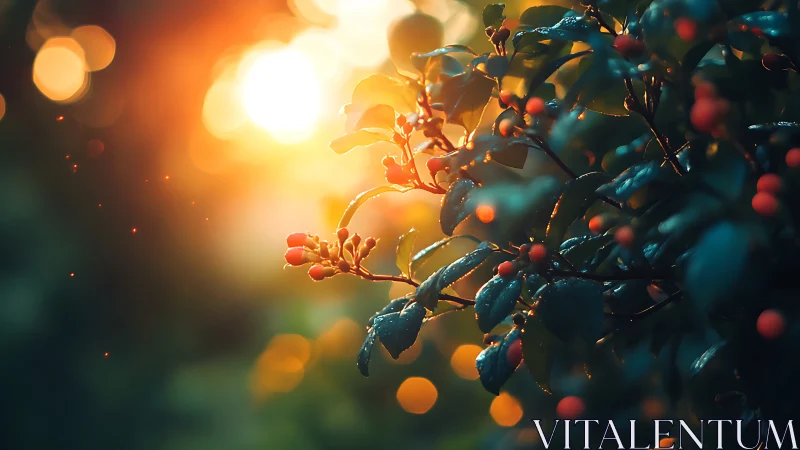 Sunlit berries glow in soft bokeh at golden hour.
