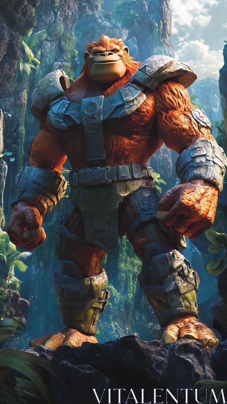 Armored jungle titan gorilla guarding a hidden valley portal.