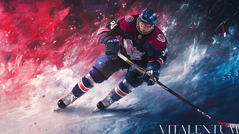 Hockey player cuts sharp turn across dynamic abstract rink