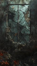 Decayed cracked window in abandoned stone wall ruin.