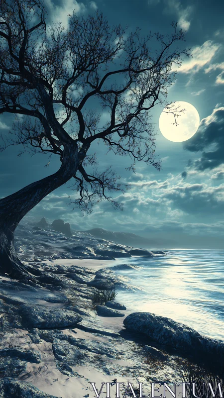 Moonlit shoreline under twisted barren tree at midnight.