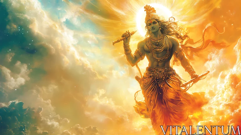 Radiant mythic warrior emerging through volumetric golden clouds