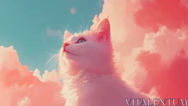 White Cat Gazing Through Pink Cloud Dreamscape Sky