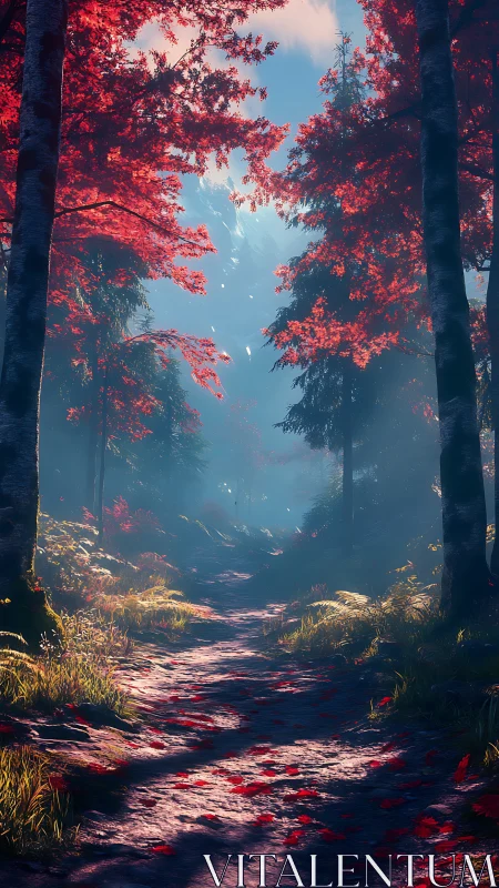 Enchanted Forest Path Through Crimson Canopy.