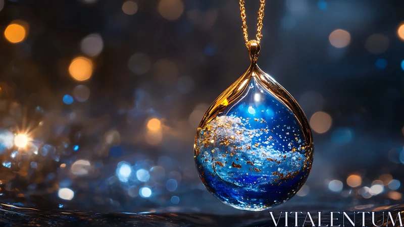 Gleaming galaxy pendant floats in dreamy blue bokeh glow