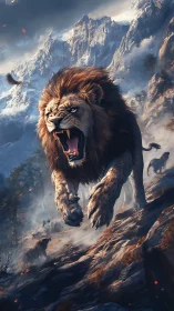 Digitally rendered lion charges down rocky, snowy slope