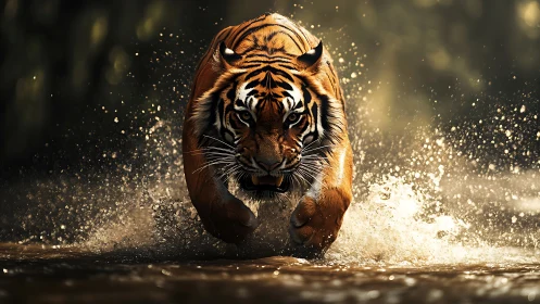 Charging tiger explodes through golden water in mid hunt