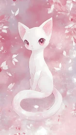 Pale long-tailed anime cat in diffuse sakura particle field.