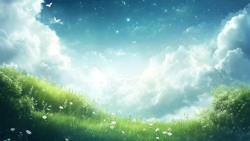 Sunlit meadow slopes under luminous clouds and starry sky