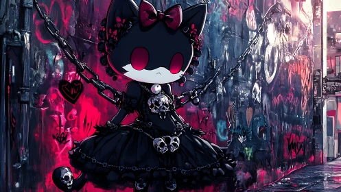 Gothic alley cat girl stands bold in chains and neon light