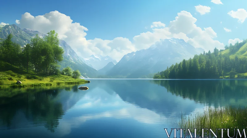 Mountain lake landscape renders crisp reflections and volumetric clouds