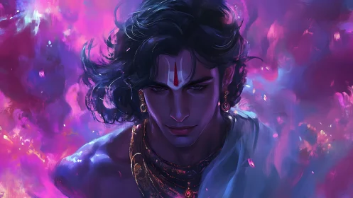 Mystical male figure in glowing purple and pink aura.