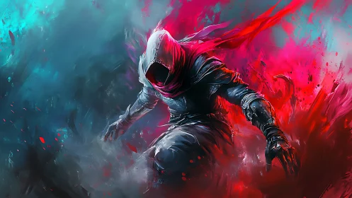 Hooded rogue lunges through cyan and crimson vortex field.