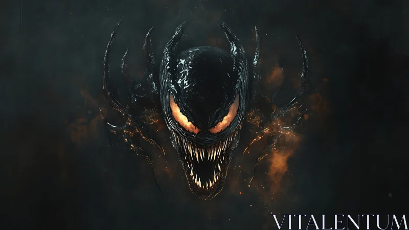 Highly rendered monstrous head emerges from dark background