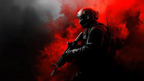 Tactical soldier stalks through red smoke in dramatic profile.