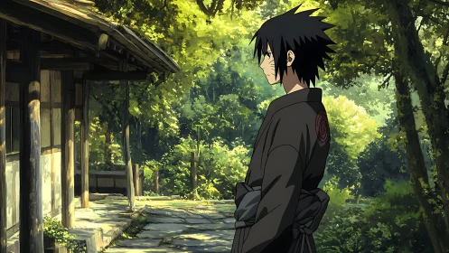 Quiet forest ronin pauses by sunlit wooden retreat.