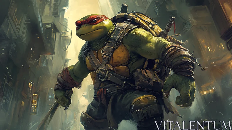 Armored turtle warrior patrols a moody urban alleyway.