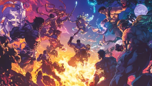 Fiery sky arena of mythic fighters caught mid-cosmic clash.