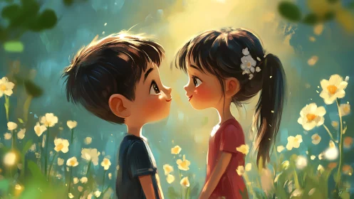 Boy meets girl in golden flower field