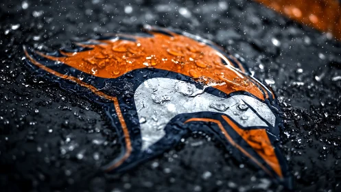 Hydrophobic droplets over glossy orange equine emblem surface.