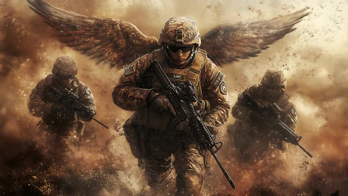 Armed soldiers advancing through dust with stylized wings.