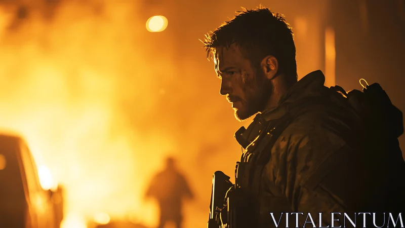 Battle-worn soldier scans burning urban warzone at dusk.