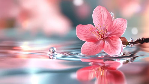 Pink Blossom Floating on Water with Dewdrops.